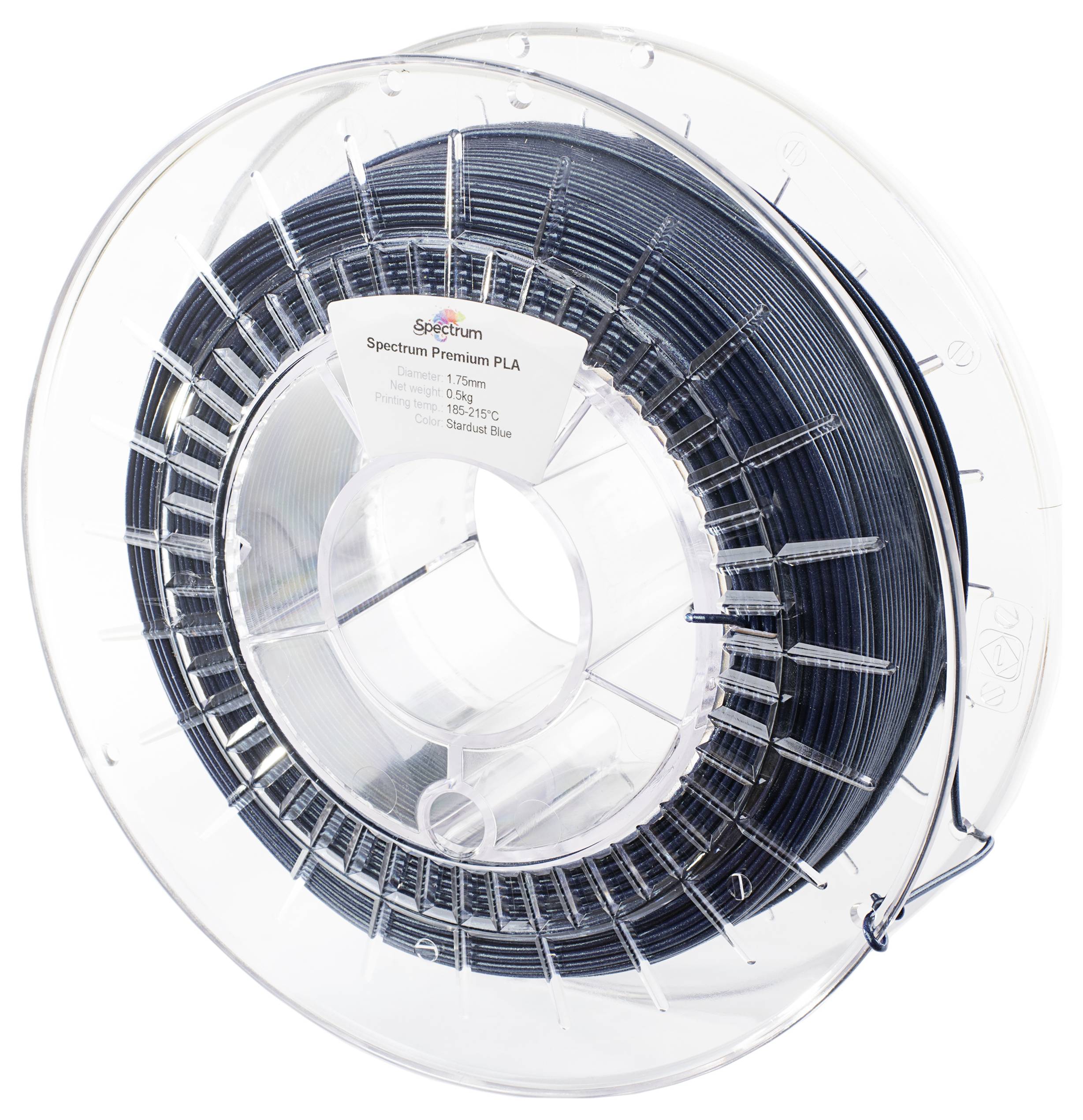 Eine klare Spule dunkelblauen 3D-Druckerfilaments mit der Aufschrift 