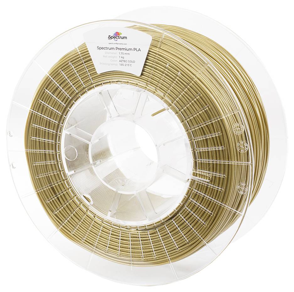 Eine Spule Spectrum Premium PLA 3D-Druckerfilament in metallischem Gold, die das Etikett und das straff gewickelte Filament auf einer transparenten Plastikspule zeigt.