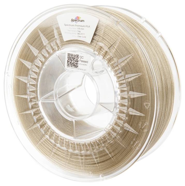 Eine Spule Spectrum Premium PLA 3D-Druckfilament in klarer Goldfarbe. Das Filament ist sauber auf einer transparenten Kunststoffrolle gewickelt.
