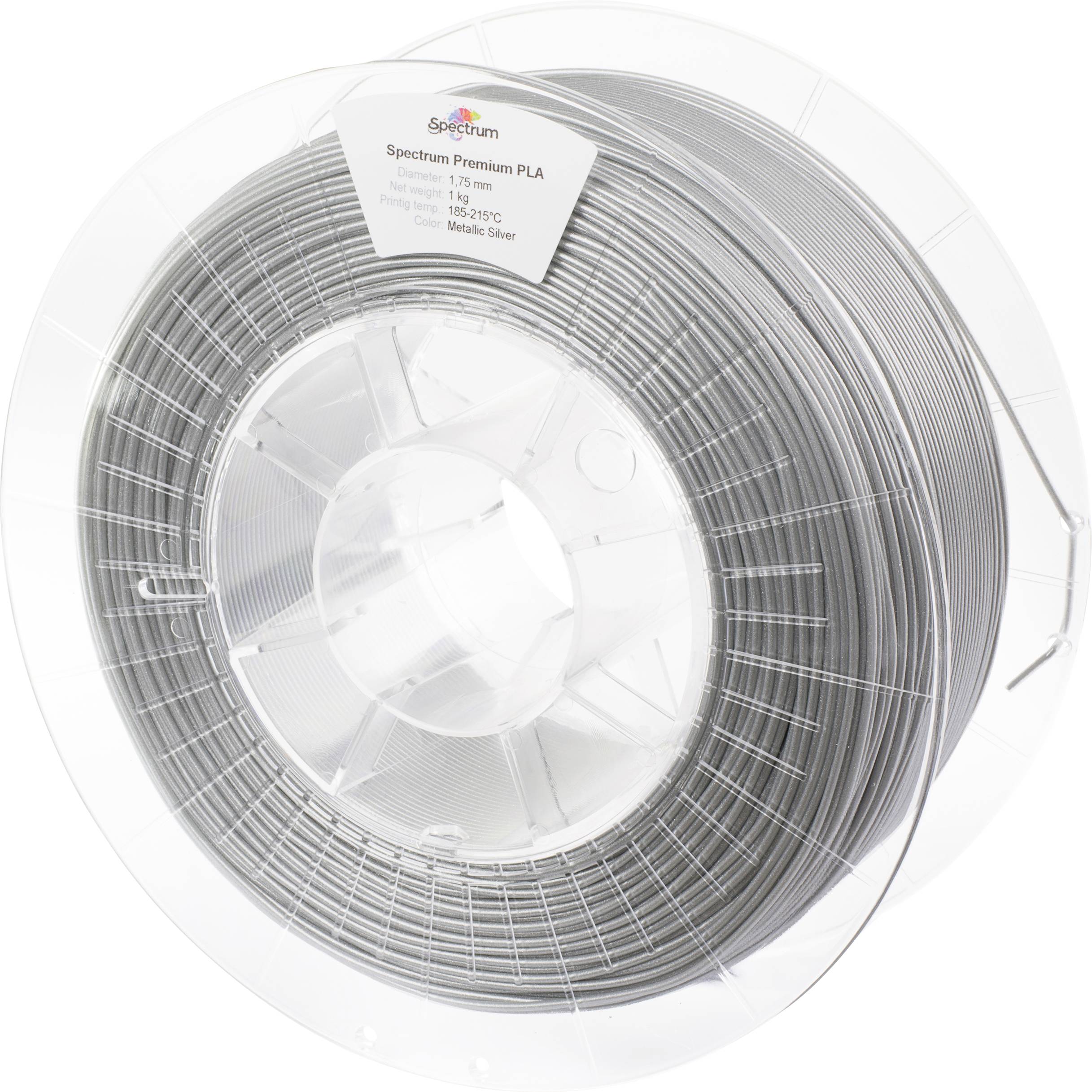 Eine Spule Spectrum Premium PLA 3D-Druckfilament, 1,75 mm Durchmesser, in metallisch silberner Farbe. Verwendet zum Erstellen von 3D-gedruckten Objekten.