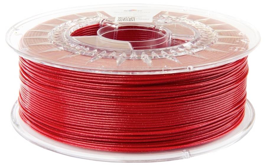 Eine Rolle roten 3D-Druckfilaments, aufgewickelt und einsatzbereit, liegt in einem transparenten Kunststoffhalter.