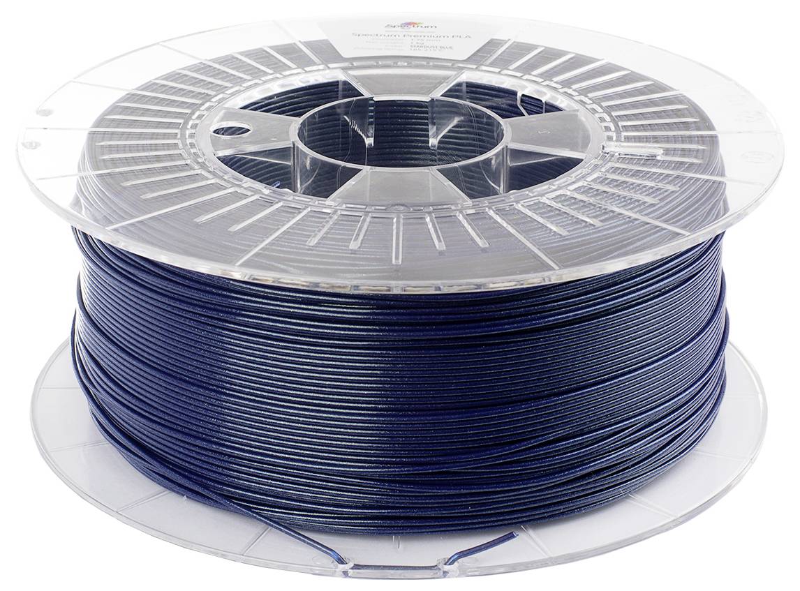 Eine Spule mit dunkelblauen Filament, die für den 3D-Druck verwendet wird, ist ordentlich auf einer transparenten Kunststoffrolle aufgewickelt.