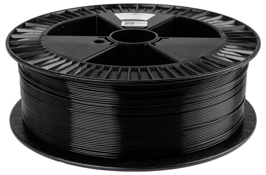 Eine Spule schwarzes 3D-Druckerfilament.