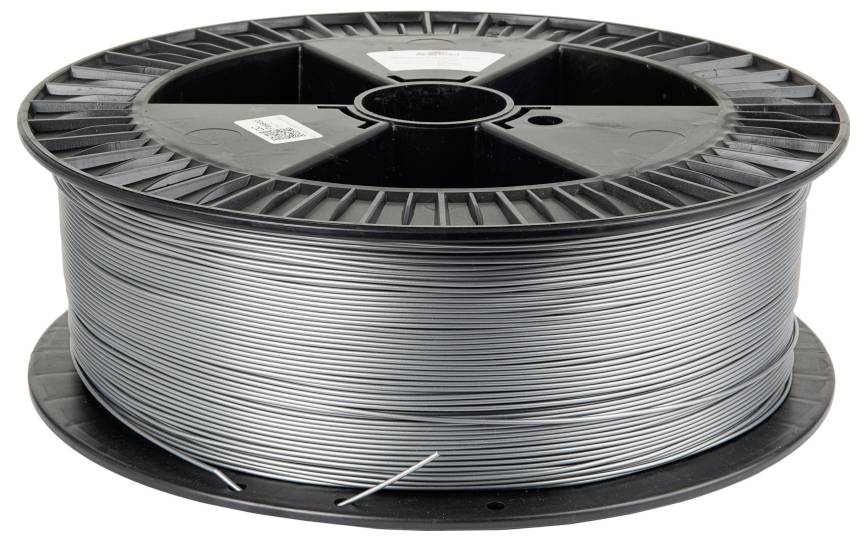 Eine große Spule silbernen 3D-Druckfilaments ist sauber auf einer schwarzen Kunststoffrolle aufgewickelt und bereit für die Verwendung in Fertigungsprozessen oder 3D-Druckprojekten.