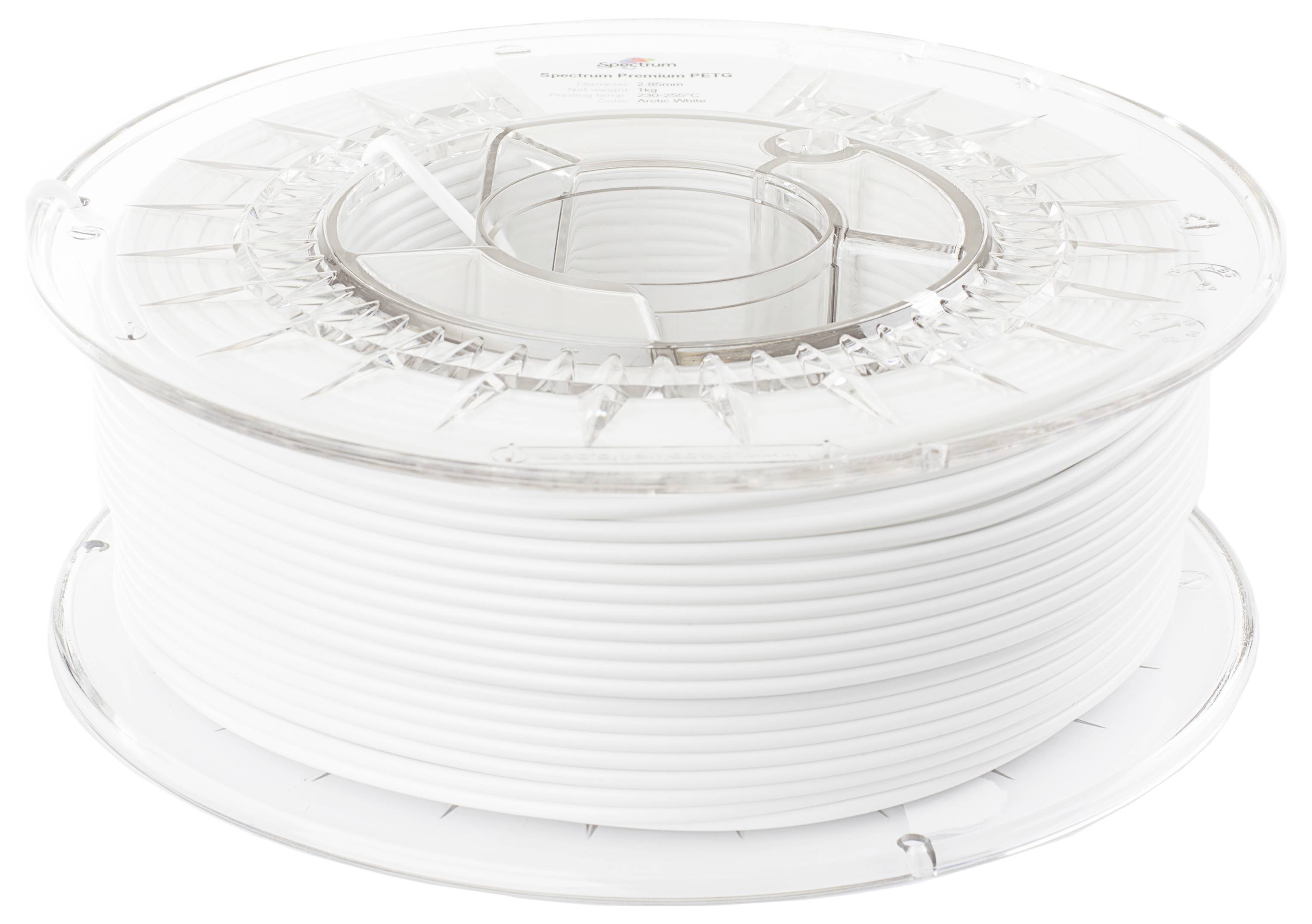 Eine Spule weißen 3D-Druckerfilaments, sauber aufgewickelt und einsatzbereit.