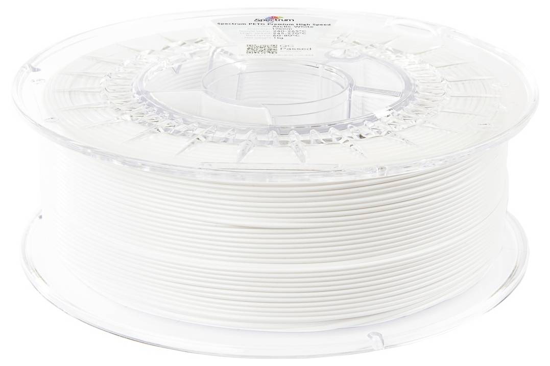 Klare Spule aus weißem 3D-Druckerfilament, beschriftet mit Produktdetails und Spezifikationen.