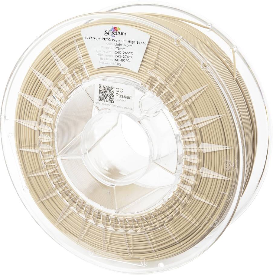 Eine Spule beige PETG 3D-Druckfilament mit einem Etikett, das Temperatureinstellungen zeigt, beschriftet mit 'Spectrum PETG Premium High Speed.'