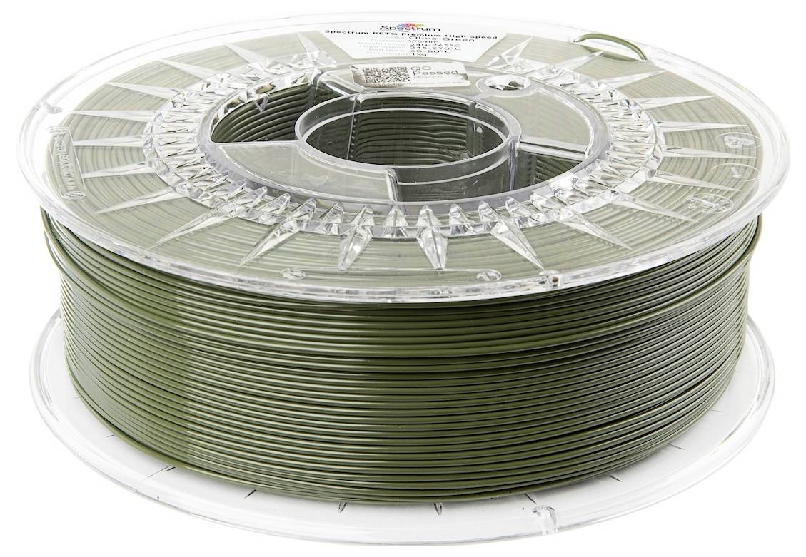 Eine Spule mit armeegrünem 3D-Druckerfilament, beschriftet mit 'Polymaker PolyLite PLA', mit einem Durchmesser von ungefähr 1,75 mm, sauber auf der Rolle gewickelt.