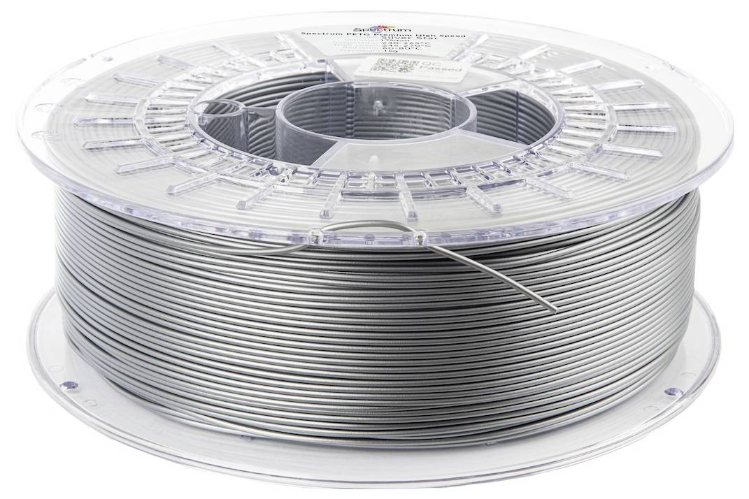 Eine klare Spule aus silbernem 3D-Druckerfilament, sauber aufgewickelt, mit der Aufschrift 