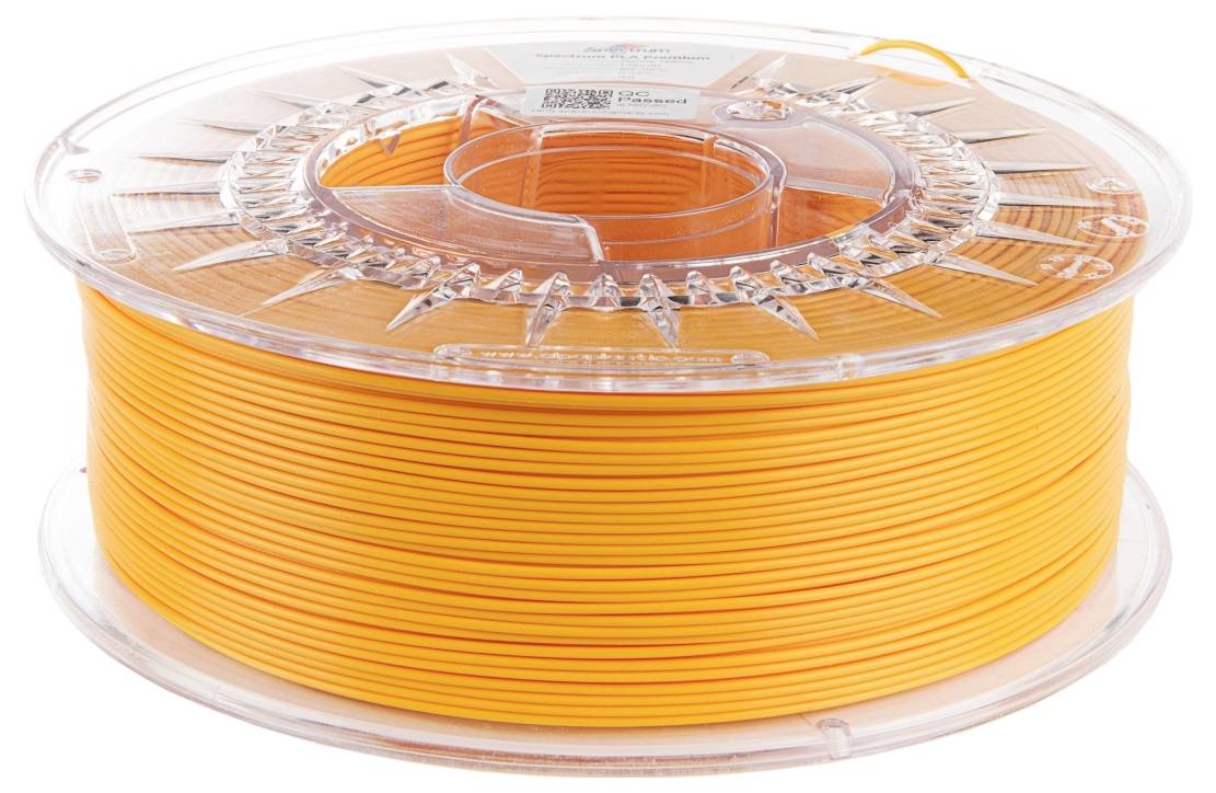 Eine Spule orangefarbenen 3D-Druckerfilaments, ordentlich aufgewickelt, in einem durchsichtigen Kunststoffhalter.