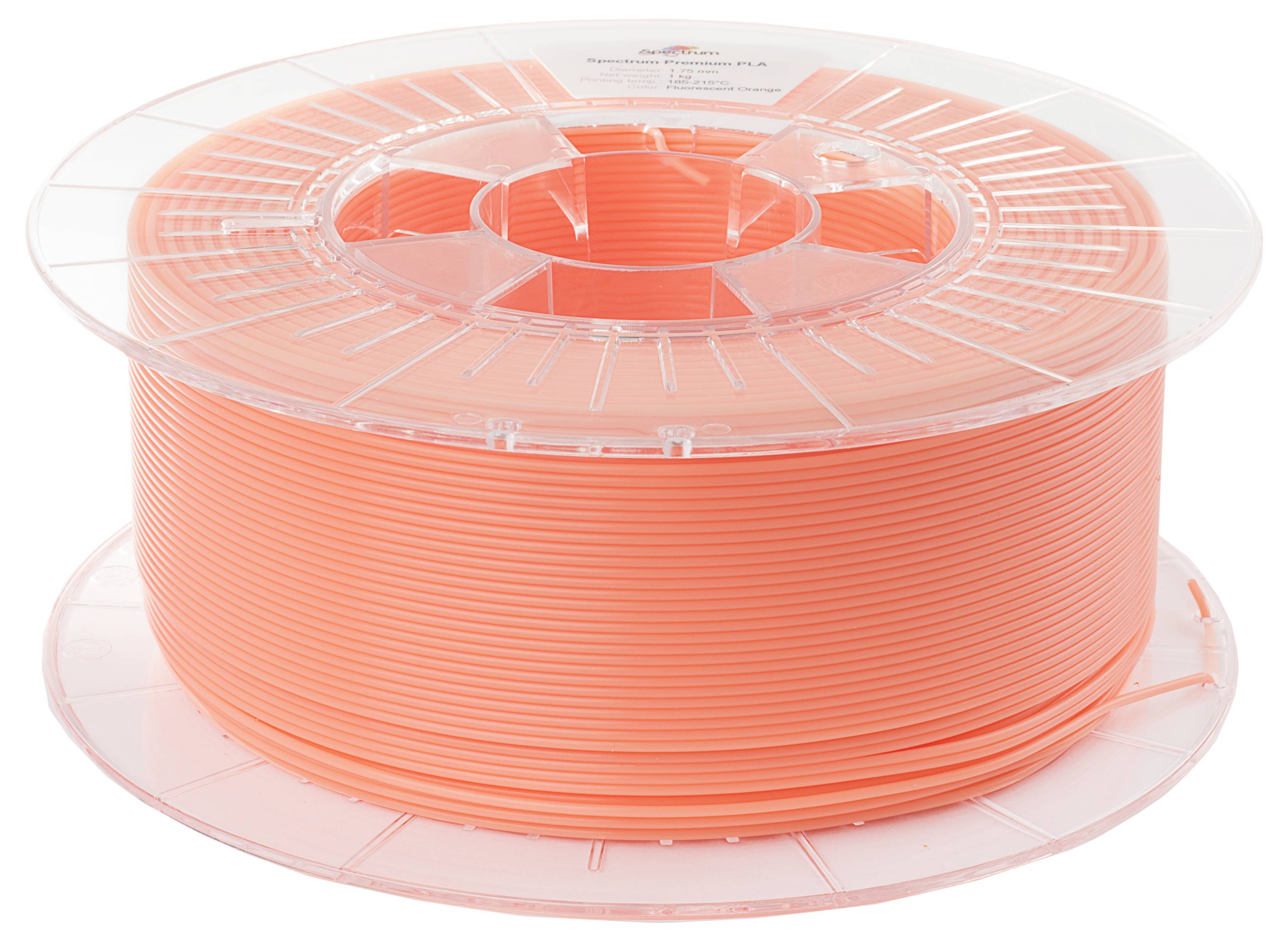 Eine Spule orange 3D-Druckerfilament, sauber auf einer transparenten Rolle gewickelt, vor einem weißen Hintergrund.