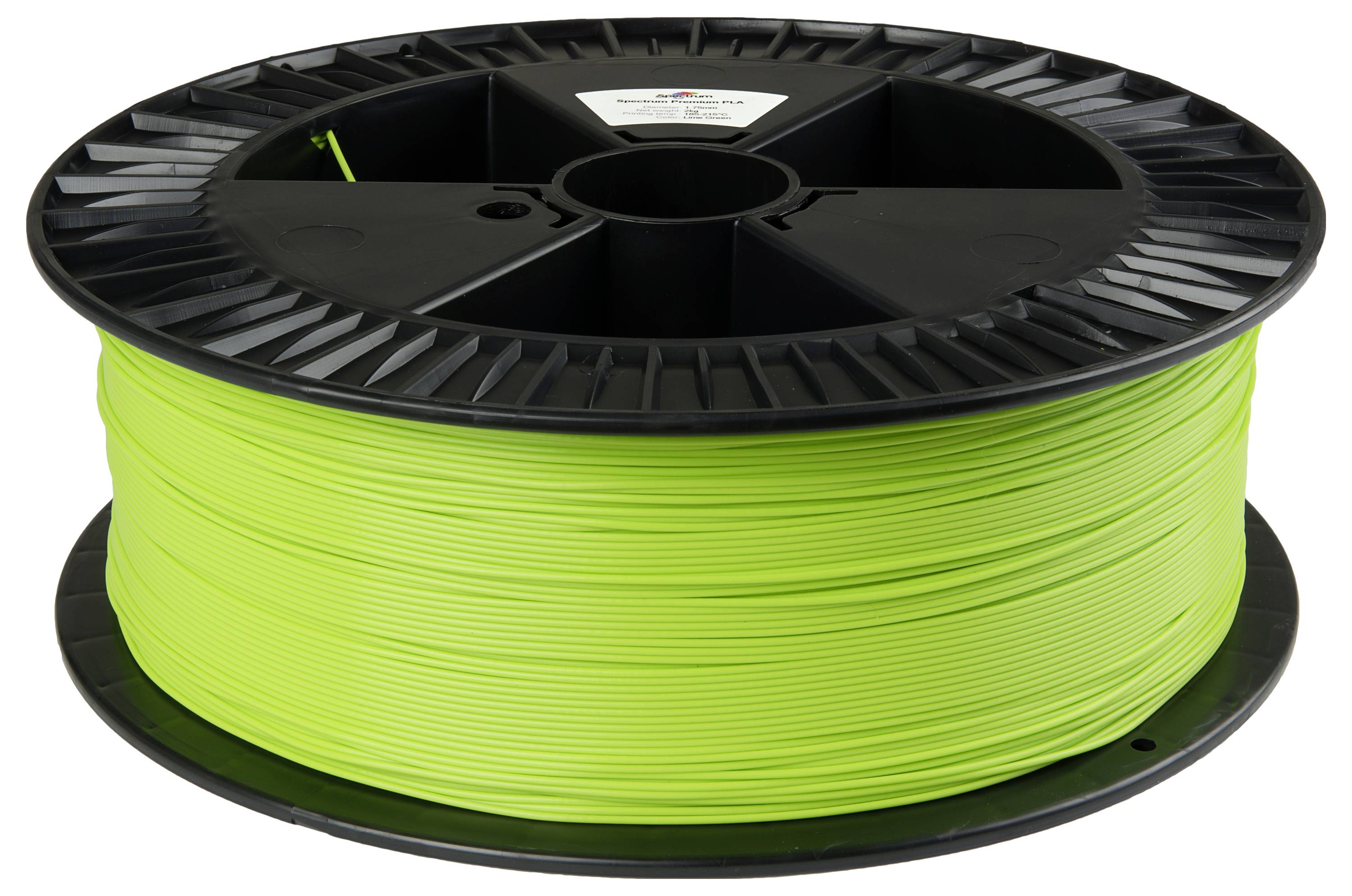 Eine Spule mit neongrünem 3D-Druckfilament vor einem einfarbigen Hintergrund.