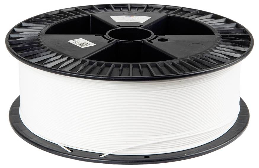 Eine Spule weißen 3D-Druckerfilaments, ordentlich aufgewickelt, sitzt auf einer schwarzen, kreisförmigen Rolle. Verwendet für 3D-Druck, mit glatter Oberfläche.