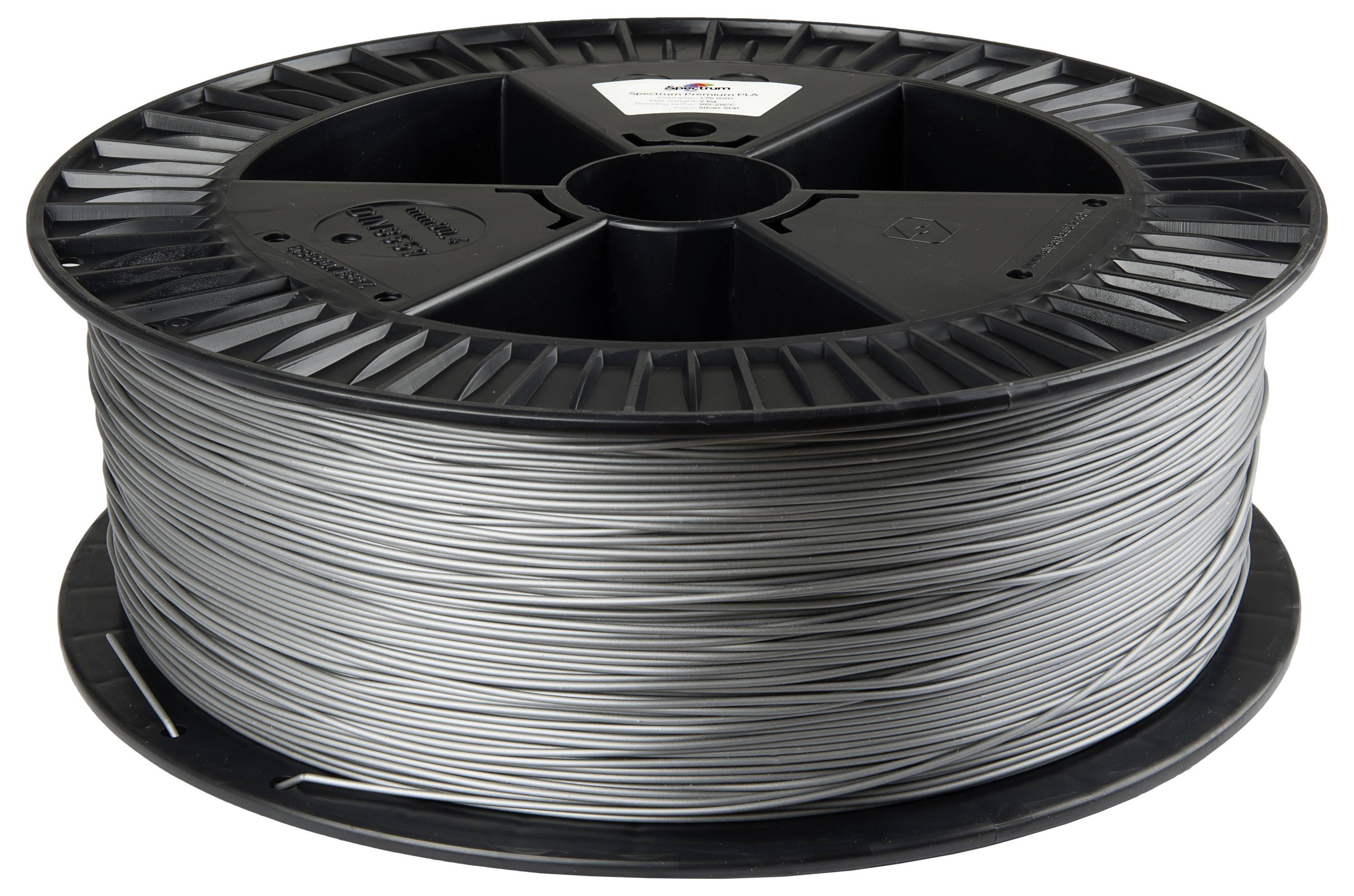 Eine Rolle grauen 3D-Druckfilaments auf einer schwarzen Nabe, geeignet für additive Fertigungsprozesse.