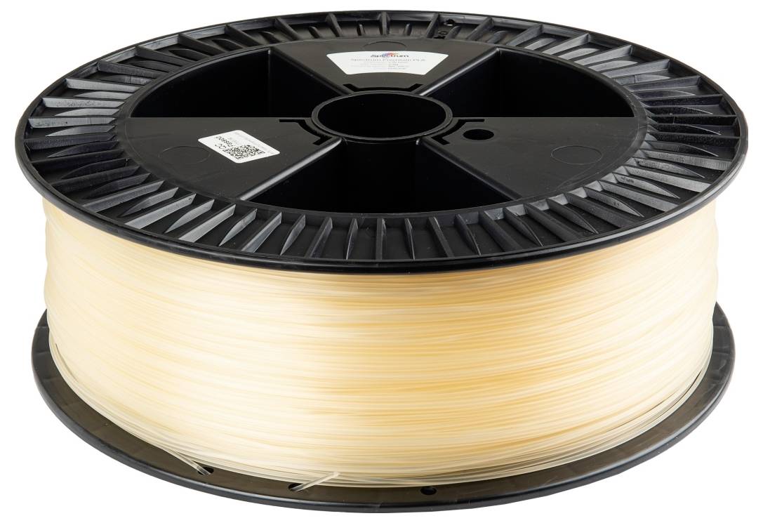 Eine Spule beigen Filaments für den 3D-Druck, die auf einer schwarzen Plastikrolle montiert ist.