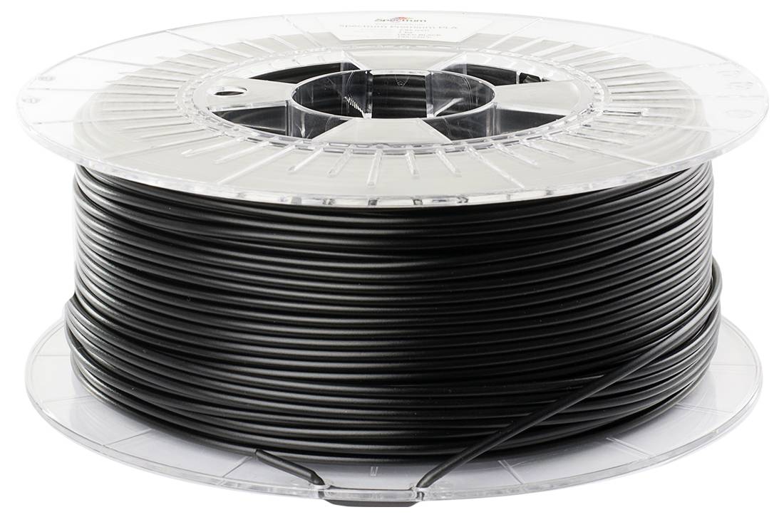 Eine Spule schwarzes 3D-Druckerfilament auf einer transparenten Kunststoffrolle, die straff gewickeltes Filament zur Verwendung im Druck zeigt.