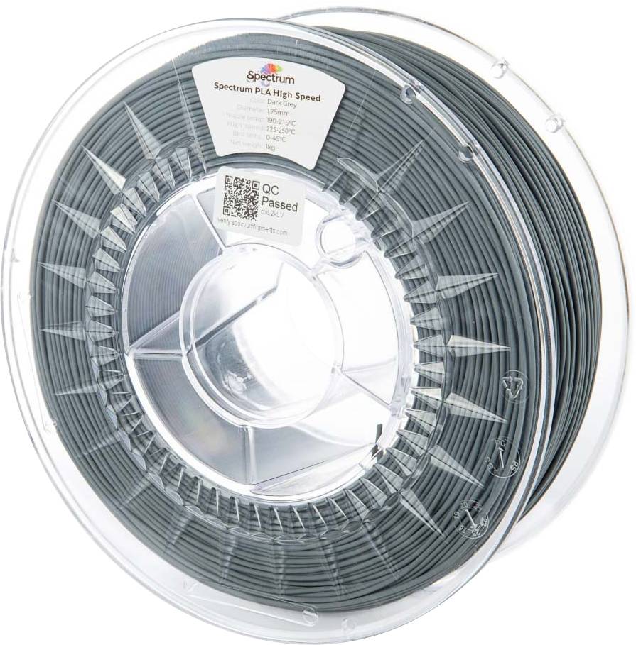 Eine Spule mit grauem Spectrum PLA-Filament, mit der Bezeichnung 'High Speed' für den 3D-Druck, die Produktdetails und einen 'QC Passed'-Aufkleber zeigt.