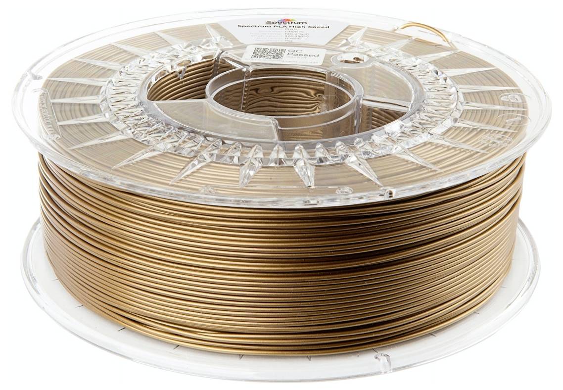 Eine transparente Spule mit kupferfarbenem 3D-Druckfilament, ordentlich aufgewickelt, vor einem weißen Hintergrund.