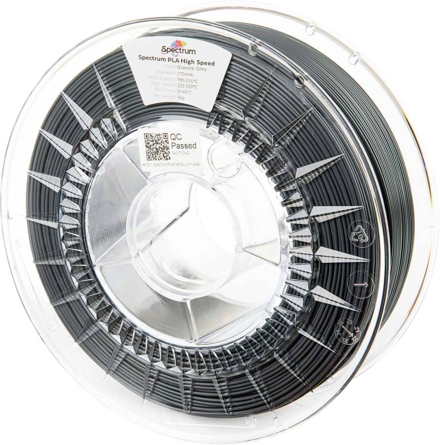Eine transparente Rolle 'Spectrum PLA High Speed' Filament mit einem Etikett, das Spezifikationen und eine 'QC Passed' Markierung trägt, die eine Qualitätsprüfung bestätigt.