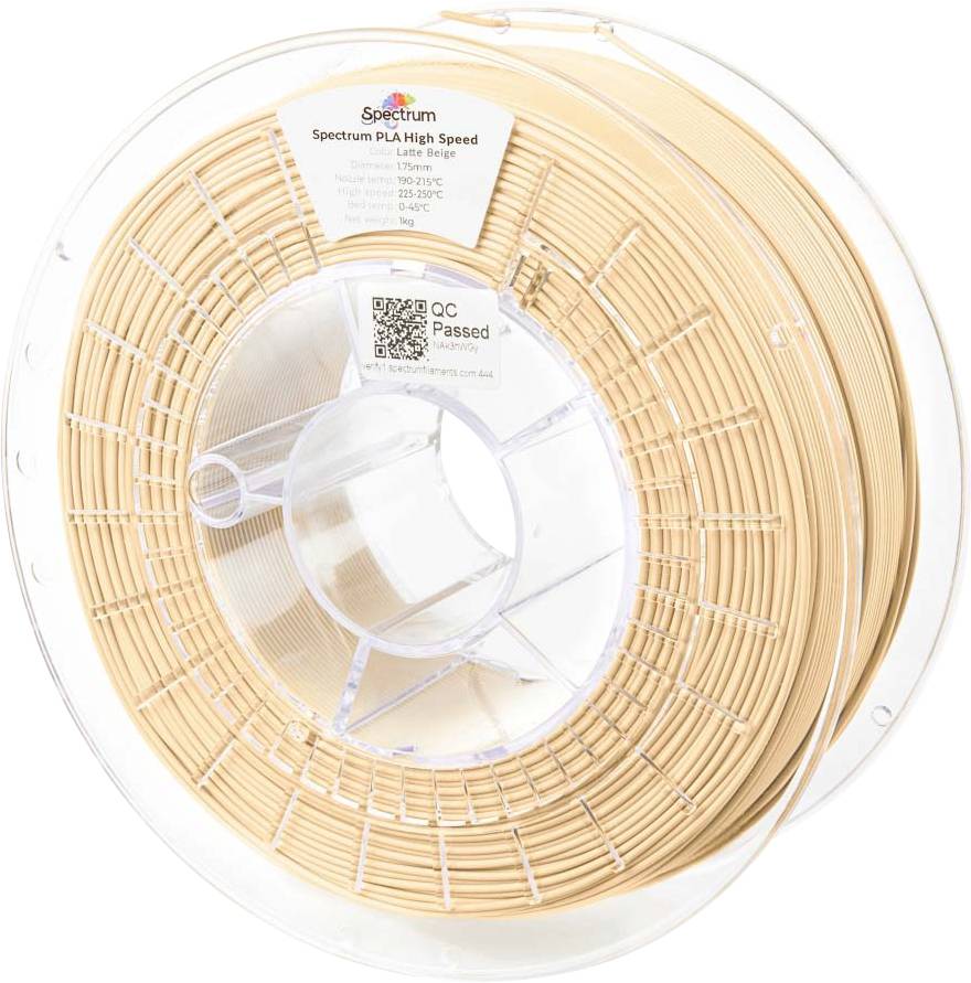 Eine Spule Spectrum PLA High Speed 3D-Druckfilament, in heller Beige-Farbe. Das Etikett enthält Temperatureinstellungen und einen QR-Code.