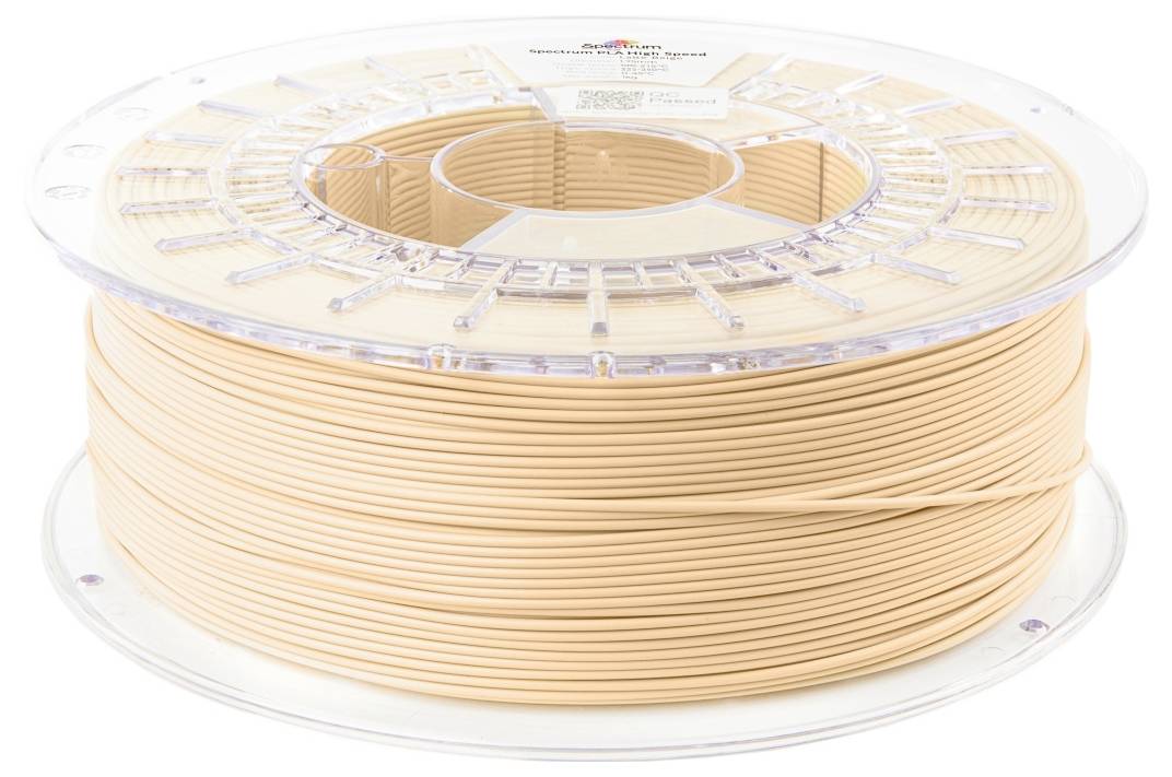 Eine Spule beige-braunen Filaments zum 3D-Druck, die die Materialfarbe und Wickelart zeigt, typischerweise verwendet zur Herstellung fester Objekte.
