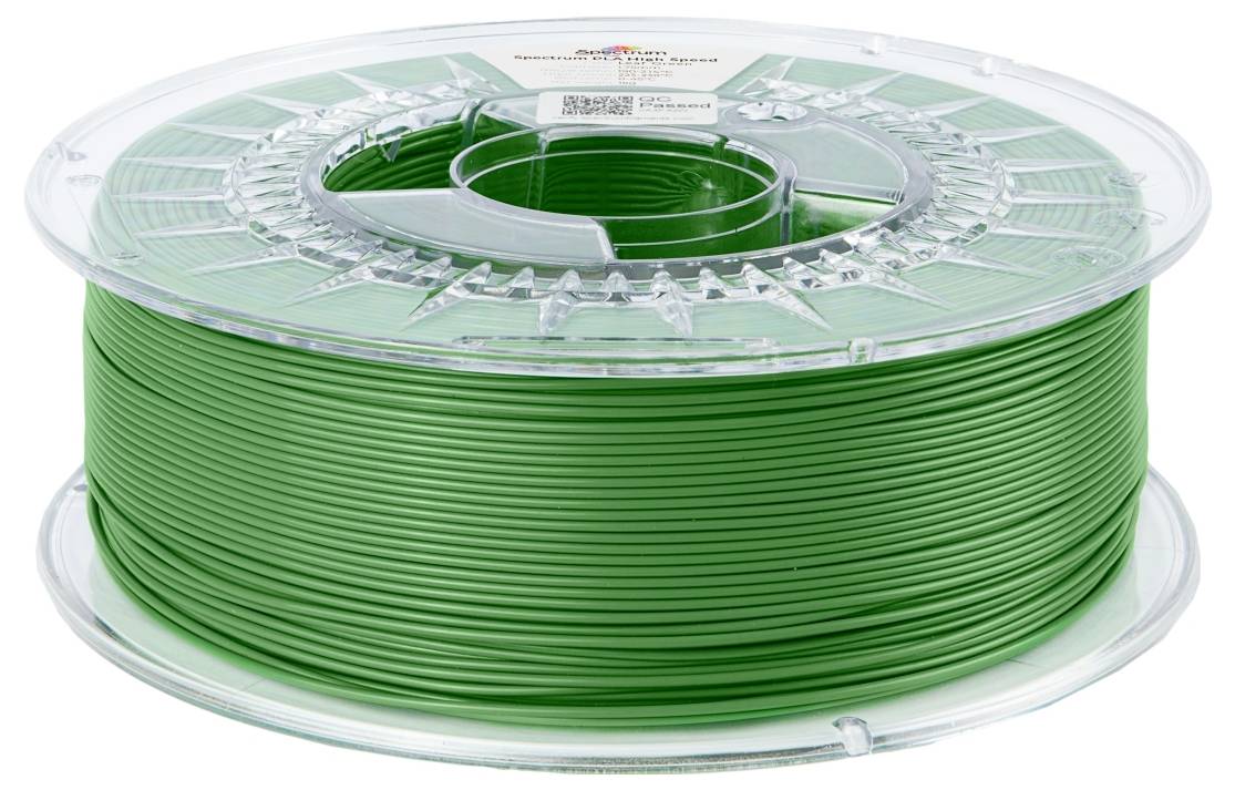 Eine durchsichtige Spule mit aufgewickeltem grünem 3D-Druckerfilament, verwendet für additives Fertigungsverfahren.