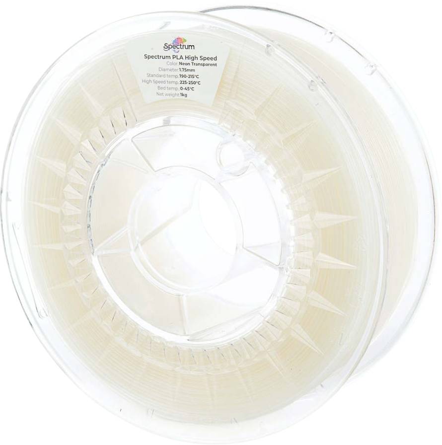 Eine klare Spule mit beigefarbenem Spectrum PLA High Speed 3D-Druckfilament, die mit Spezifikationen wie Durchmesser, Toleranz und Gewicht beschriftet ist.