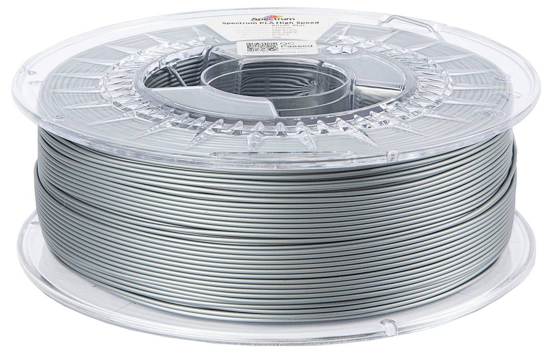 Eine durchsichtige Kunststoffspule, die eine Rolle aus silbernem 3D-Druckerfilament trägt. Das Filament erscheint glatt und gleichmäßig um die Spule gewickelt.