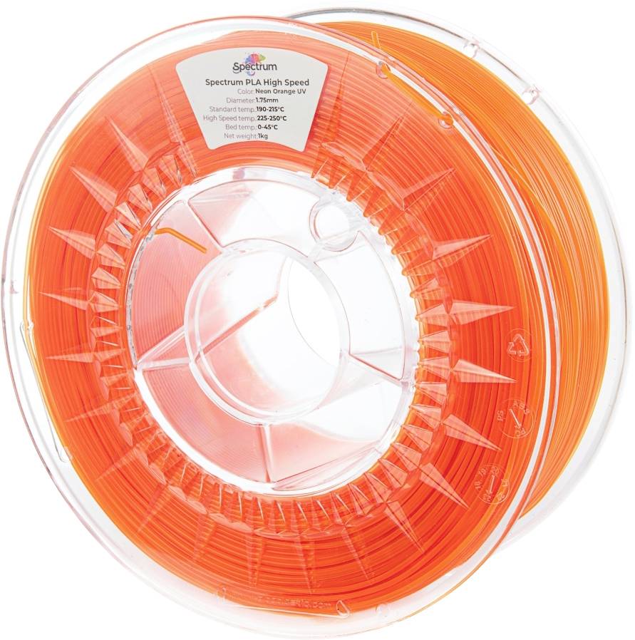 Eine Spule hellen orangefarbenen 3D-Druckerfilaments mit der Bezeichnung 'Spectrum PLA High Speed', geeignet für Hochgeschwindigkeitsdruck.