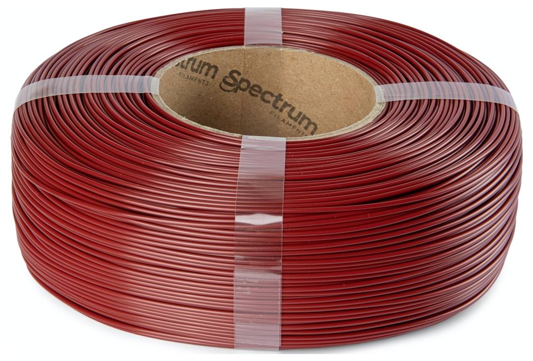Eine Spule rotes Spectrum-Filament zum 3D-Druck, mit dem Markennamen, der auf der inneren Pappseite sichtbar ist.
