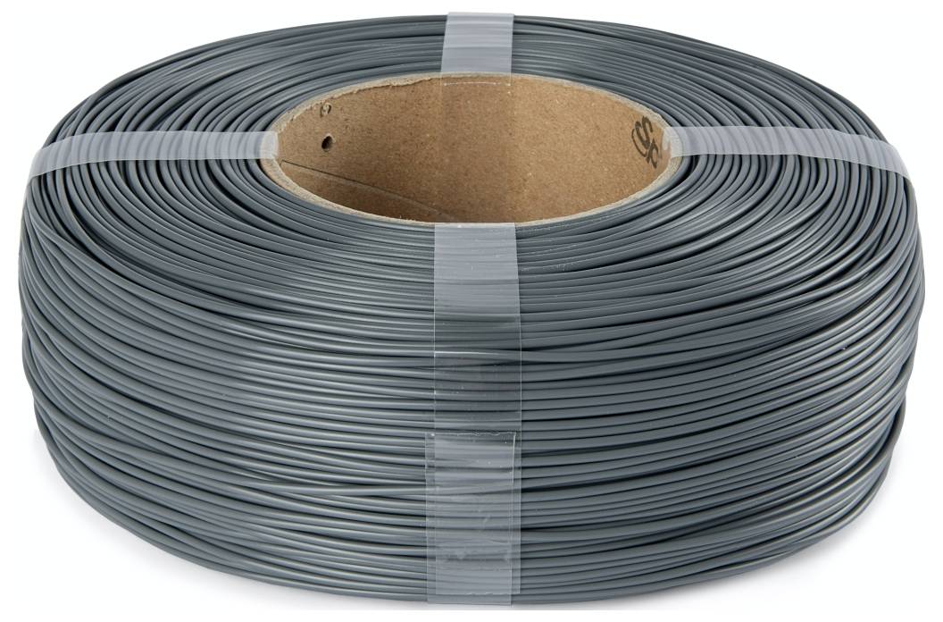 Eine große Rolle aus dunkelgrauem Plastikkabel, sauber mit klarem Klebeband umwickelt, die auf ihrer Seite liegt und deren Pappkern deutlich sichtbar ist.