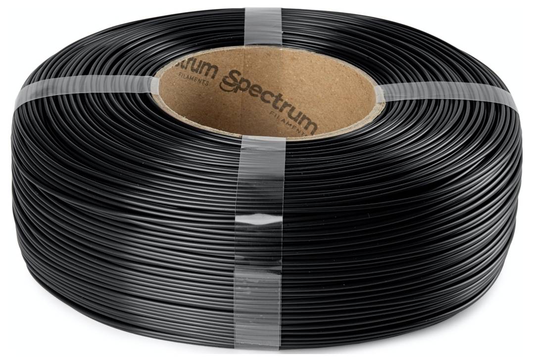 Eine Spule schwarzes PLA 3D-Druckfilament mit der Bezeichnung 