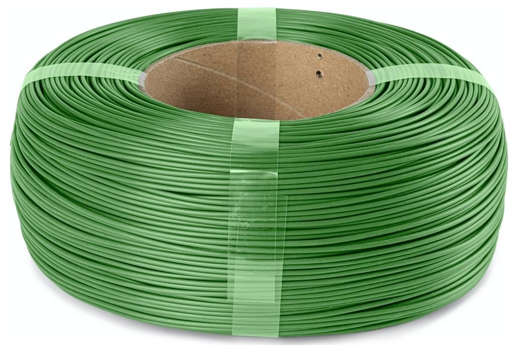 Eine Spule grünen Drahts, fest gewickelt, mit einem Pappkern. Der Draht ist für Transport und Lagerung mit grünen Kunststoffriemen befestigt.