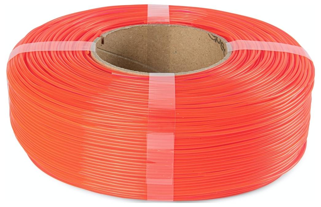 Eine große Rolle aus hellem orangefarbenem Kunststofffilament, sorgfältig auf einer Pappspule aufgewickelt.