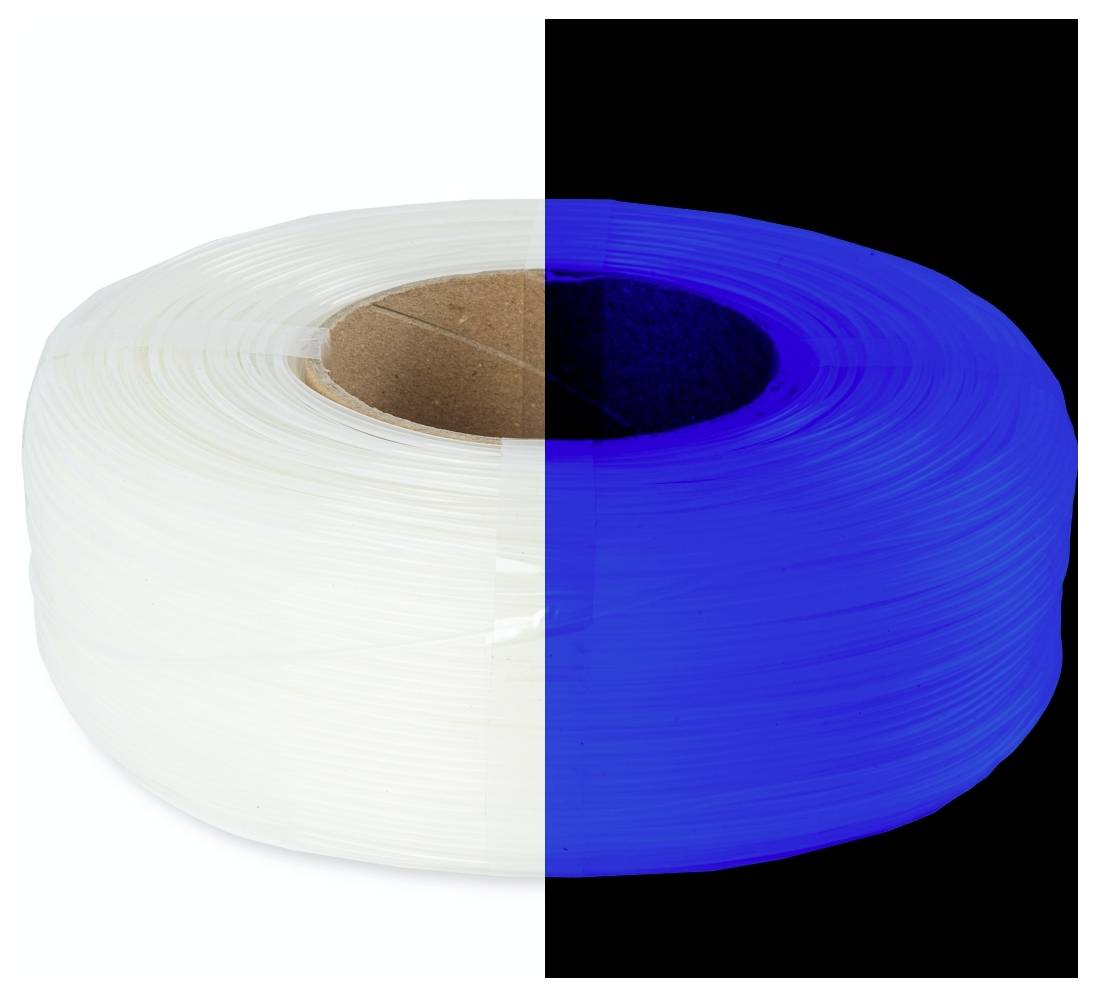 Vergleich von weißen und blauen Kunststoffspulen, wobei jeweils die Hälfte links und rechts gezeigt wird, um den Farbunterschied zu veranschaulichen.