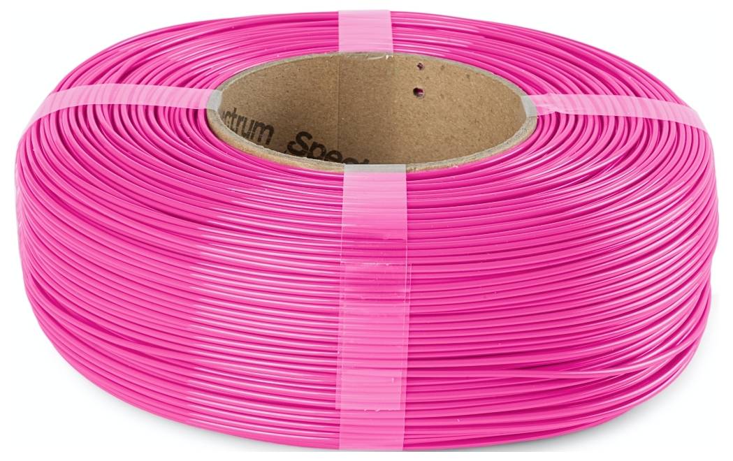 Eine Rolle hellrosa Draht, die in durchsichtige Plastikverpackung eingewickelt ist, mit einer sichtbaren Pappröhre in der Mitte.