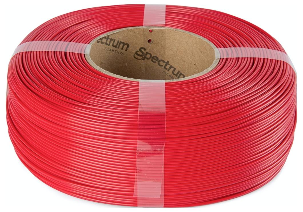 Eine große Spule aus rotem Draht mit einer Pappkern, zusammengehalten von zwei transparenten Plastikbändern.