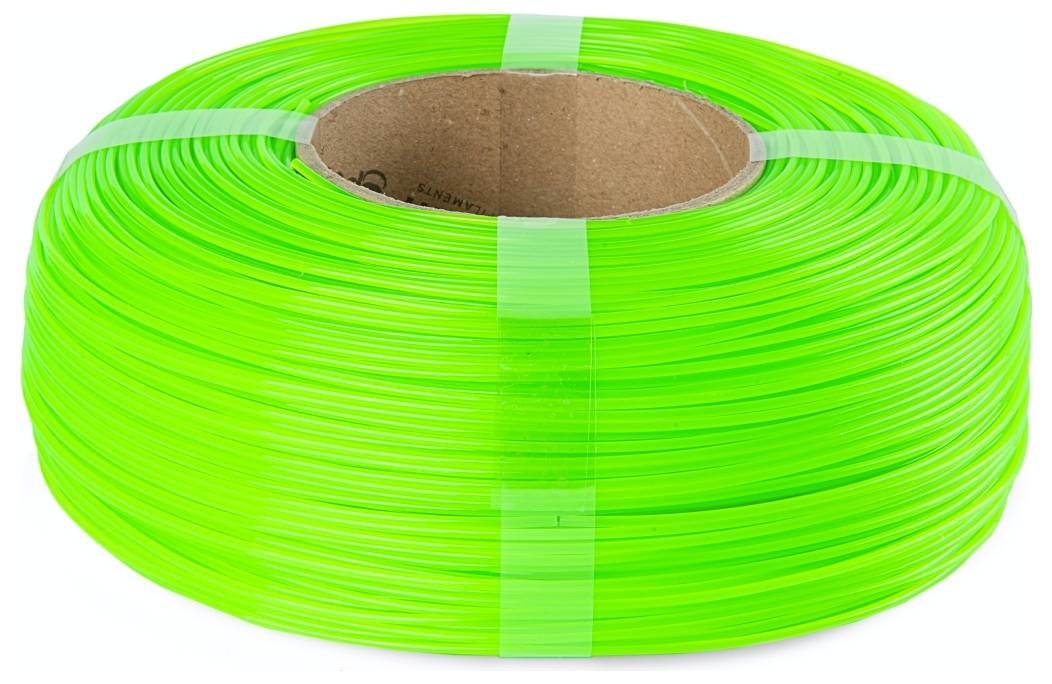 Eine Spule aus hellgrünem Schnur- oder Filamentmaterial, sauber um eine Pappspule gewickelt und mit durchsichtigem Klebeband befestigt.