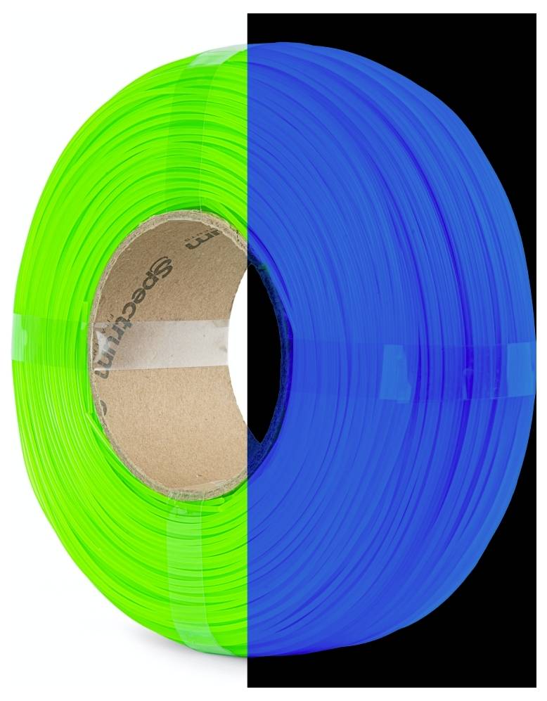 Ein Klebebandrolle, zur Hälfte in grünem Licht und zur Hälfte in blauem Licht, zur Veranschaulichung des Farbkontrasts.