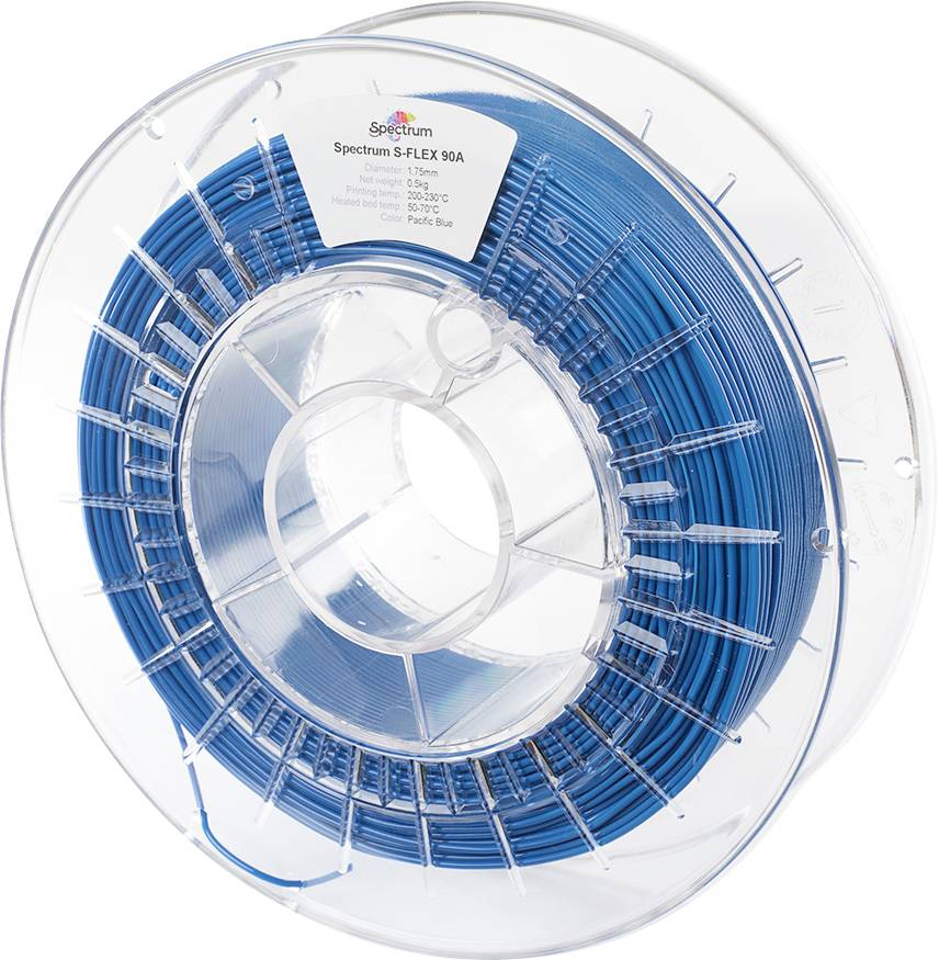 Eine transparente Spule mit blauem 3D-Druckfilament, beschriftet mit 'Spectrum S-FLEX 90A', auf der Spezifikationen wie Gewicht, Durchmesser und Drucktemperatur zu sehen sind.