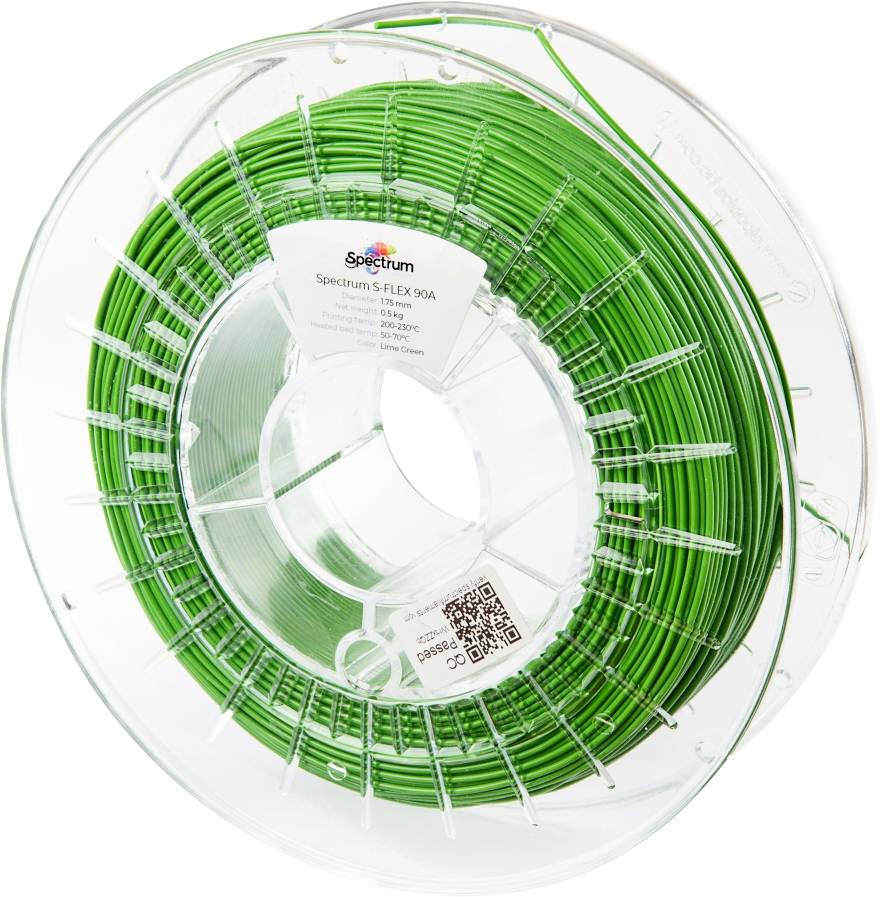 Eine Rolle grünes 3D-Druckerfilament mit der Aufschrift ‚Spectrum S-Flex 93A'.