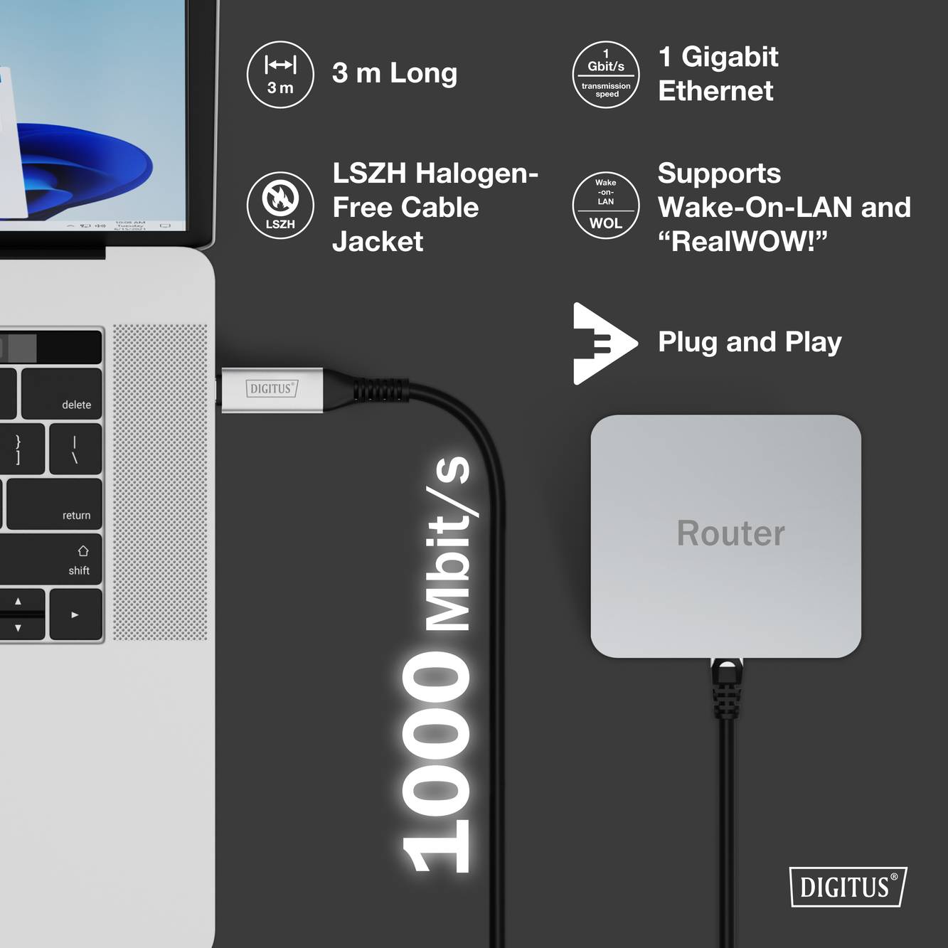 Laptop, der über ein 3 m langes, halogenfreies Kabel mit einem Router verbunden ist und 1 Gigabit Ethernet sowie Plug and Play- und Wake-on-LAN-Funktionen unterstützt.