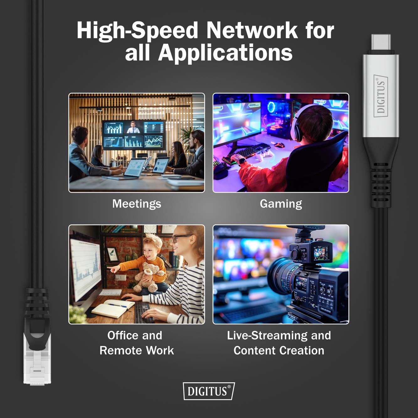 Hochgeschwindigkeitsnetzwerk für alle Anwendungen: Meetings, Gaming, Büroarbeit, Live-Streaming. Bilder zeigen die jeweiligen Szenarien. Digitales Kabel dargestellt.