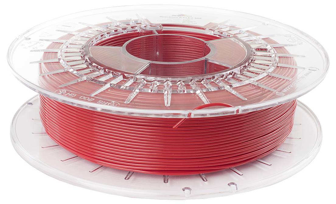 Eine Spule rotes 3D-Druckerfilament, sauber auf einer transparenten Kunststoffrolle gewickelt, geeignet für 3D-Druckprojekte.