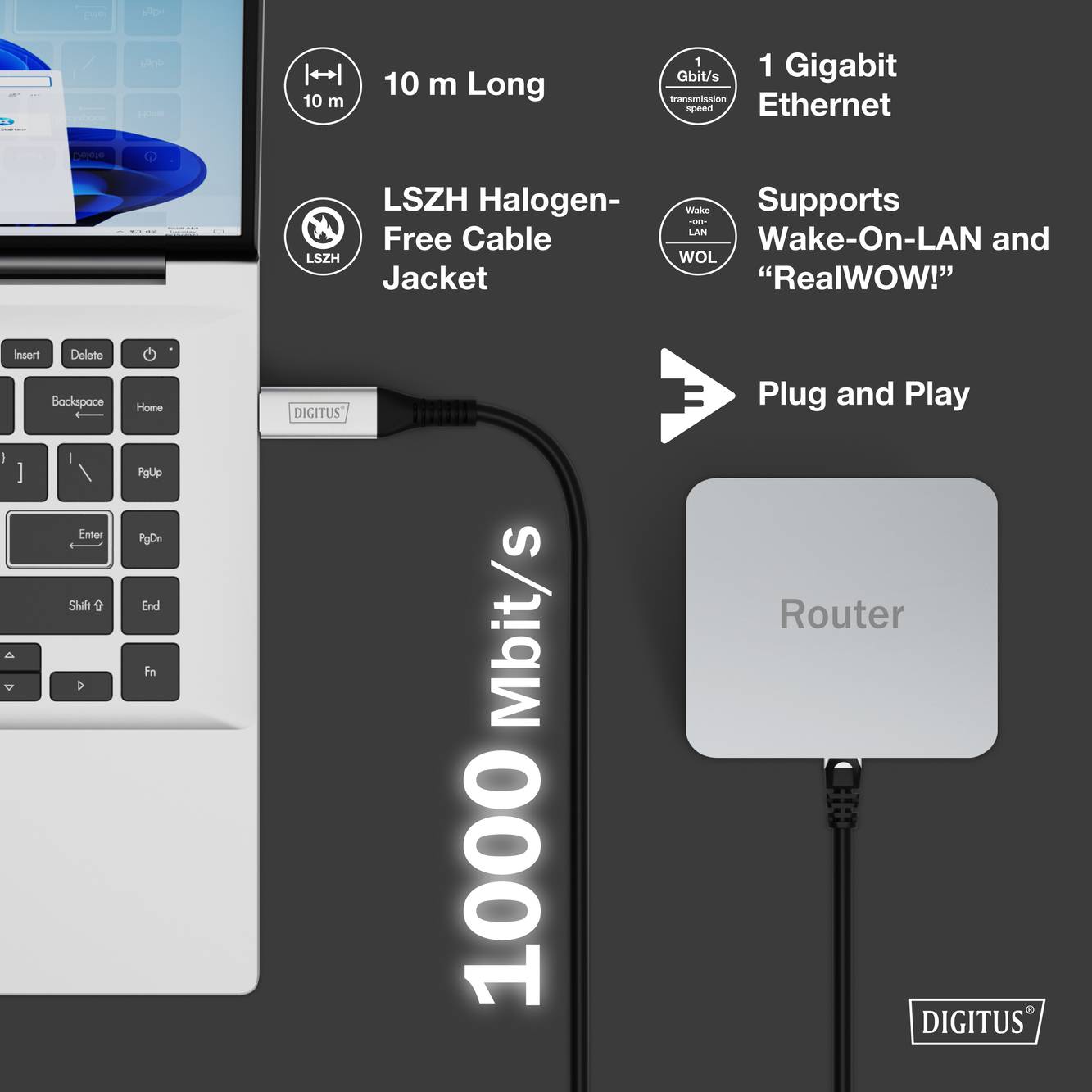 Laptop an ein Netzwerkkabel angeschlossen. Merkmale umfassen 1 Gigabit-Ethernet, 10 m Länge, LSZH-Kabel, WOL und 