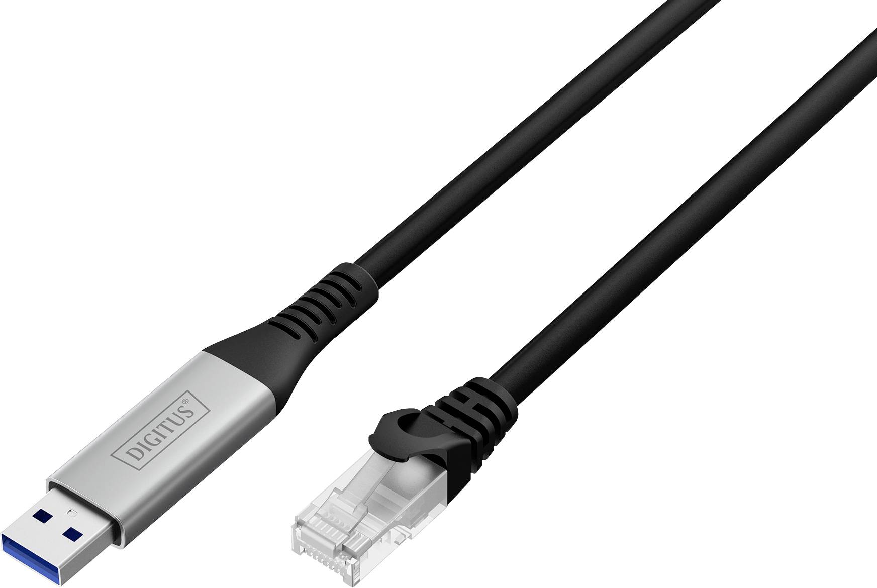 Ein schwarzes USB-zu-Ethernet-Adapterkabel mit einem USB-Anschluss an einem Ende und einem Ethernet-Stecker am anderen Ende, vor einem weißen Hintergrund.
