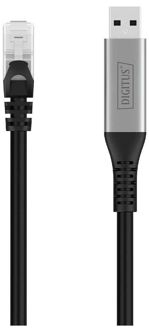 Ein schwarzes Kabel mit einem USB-Anschluss auf der einen und einem RJ45-Anschluss auf der anderen Seite, auf der USB-Gehäuse mit ‚Digitus' markiert.