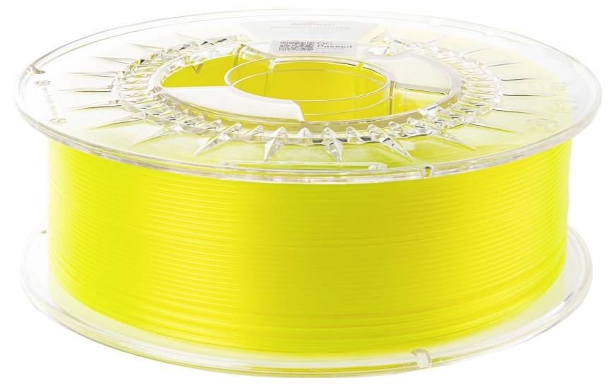 Eine Spule mit hellem gelben 3D-Druckerfilament, aufgewickelt und einsatzbereit.