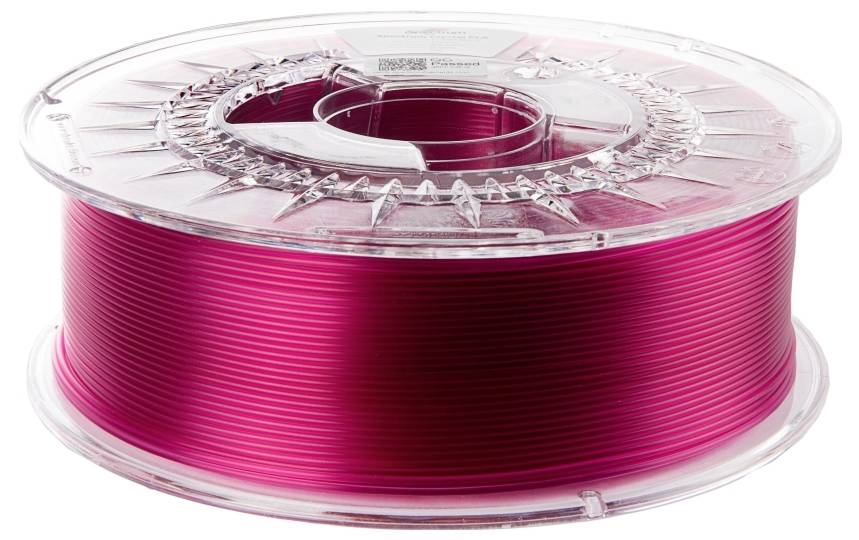 Eine Spule glänzenden magentafarbenen 3D-Druckerfilaments, sauber aufgewickelt, in einer durchsichtigen Kunststoffverpackung.