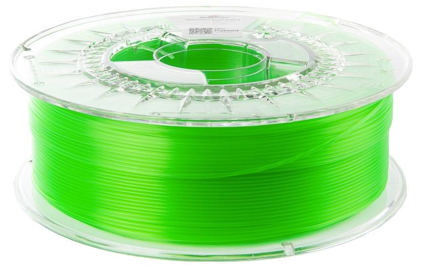 Eine transparente Spule mit hellgrünem 3D-Druckmaterial vor einem weißen Hintergrund.